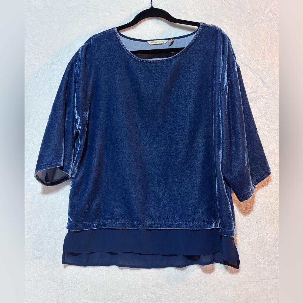 Soft Surroundings Top Womens Gisela Royal Navy Velvet Short Sleeve Blouse Large